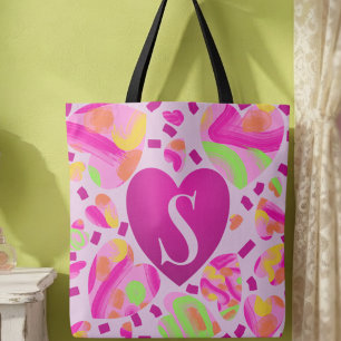 Bolso De Tela Monograma moderno corazón rosa pintado a mano esco