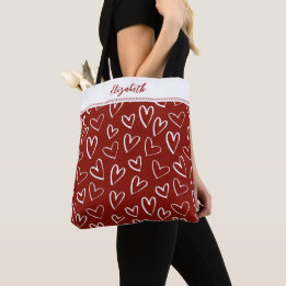Bolso De Tela Monograma moderno de corazones de San Valentín roj