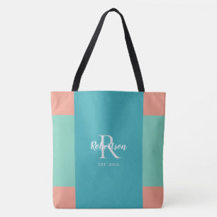 Bolso De Tela Monograma moderno de familia Verde azulada, azul y