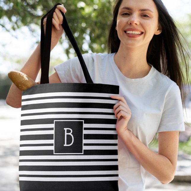 Bolso De Tela Monograma moderno de moda Banda blanca inicial neg (Trendy Modern Monogram Initial Black White Stripe Stylish Tote Bag)