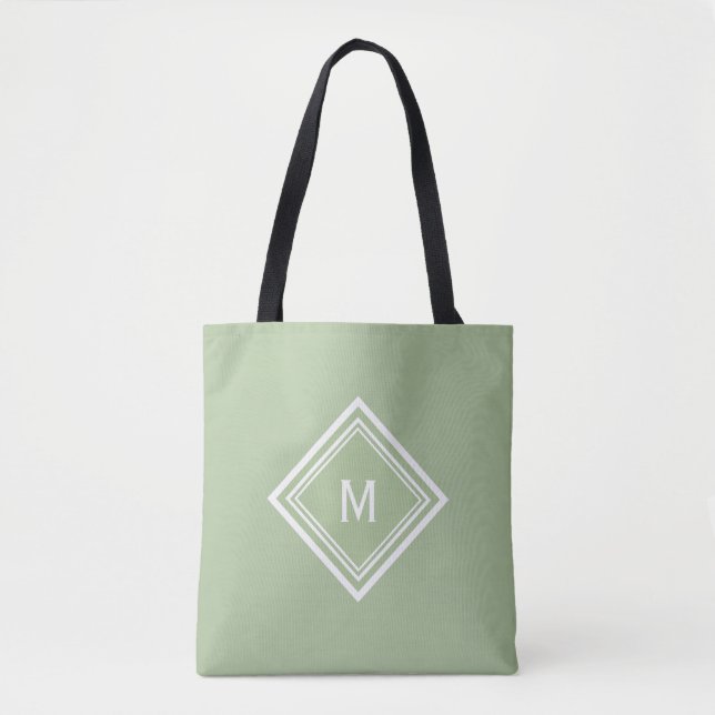 Bolso De Tela Monograma moderno de Personalizado verde sabio ele (Anverso)
