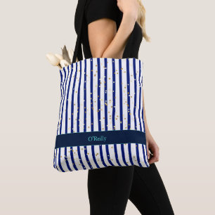 Bolso De Tela Monograma moderno de rayas azules y blancas