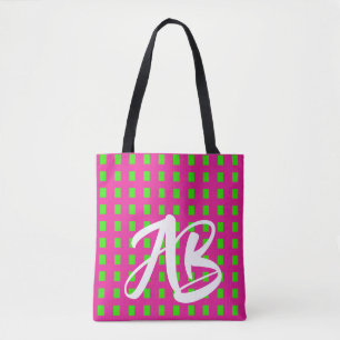 Bolso De Tela Monograma moderno divertido rosa caliente y verde