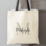 Bolso De Tela Monograma moderno elegante y personalizado negro<br><div class="desc">Este moderno y elegante bolso de tetas presenta un elegante monograma y un nombre en la tipografía de guiones. Es fácil de personalizable y hará un gran regalo para tu fiesta de bodas, la dama de honor, las damas de honor, las madres de la novia y el novio, y el...</div>