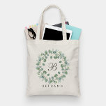 Bolso De Tela Monograma moderno Eucalyptus Wreath Boda Tote Bag<br><div class="desc">Moderno Monograma Eucalyptus Wreath Boda Tote Bag de Girly-Chica-Graphics en Zazzle: Perfecto para la bella novia y sus damas de honor! Personalizar esta moda singularmente elegante, delicada y refinada, sofisticado diseño moderno minimalista rústico estilo verde botánico pastel y escritura de moda monograma boda de tipografía inicial tote bag y compartir...</div>