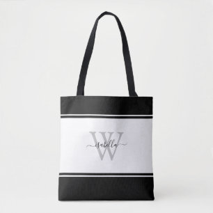 Bolso De Tela Monograma moderno Girly Guión blanco negro