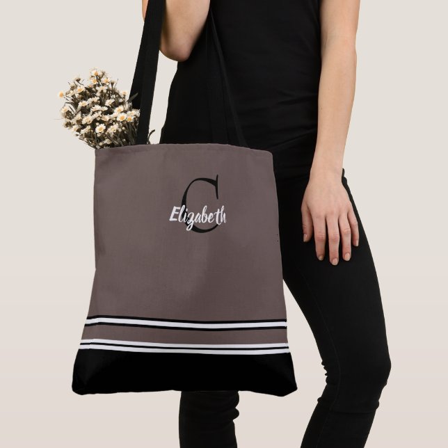 Bolso De Tela Monograma moderno lindo Nombre Inital Negro Marrón (Detalle)