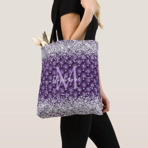 Bolso De Tela Monograma Morado Tufado Diamante Plata Purpurina G