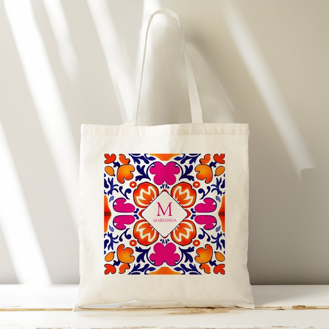 Bolso De Tela Monograma naranja Rosa: favores del partido de la  (Monogram Pink orange blue bridal party favors Tote Bag)