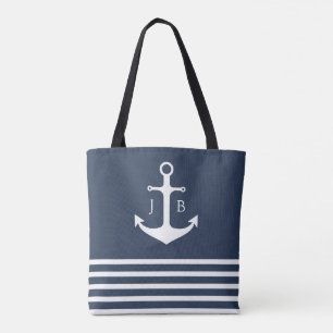 Bolso De Tela Monograma náutico Anclaje de franja blanca azul