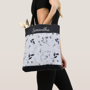 Bolso De Tela Monograma negro blanco gris plateado hojas florale