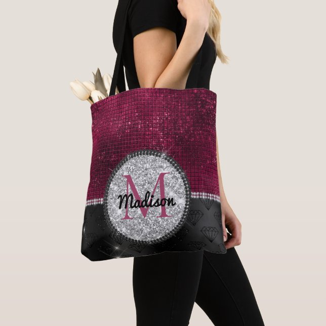 Bolso De Tela Monograma negro burlono Purpurina plateado burdeos (Detalle)