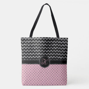 Bolso De Tela Monograma negro de plata color de rosa rosado de