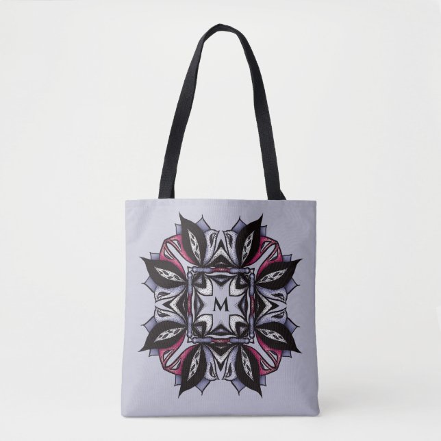 Bolso De Tela Monograma negro morado gótico Mandala gótico (Anverso)