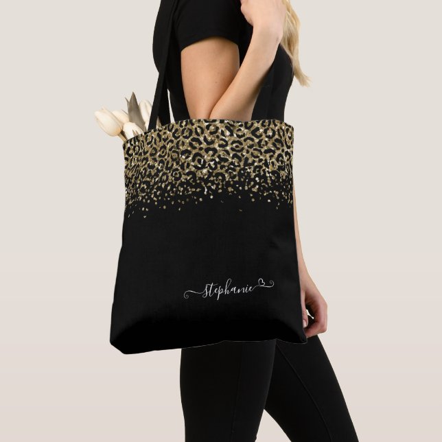 Bolso De Tela Monograma negro Purpurina de leopardo dorado (Detalle)