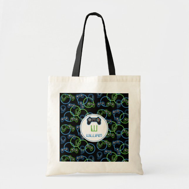 Bolso De Tela Monograma Neon Blue & Green Pattern (Frente)