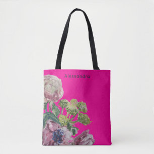 Bolso De Tela Monograma nombre acuarela rosa caliente negrita fl