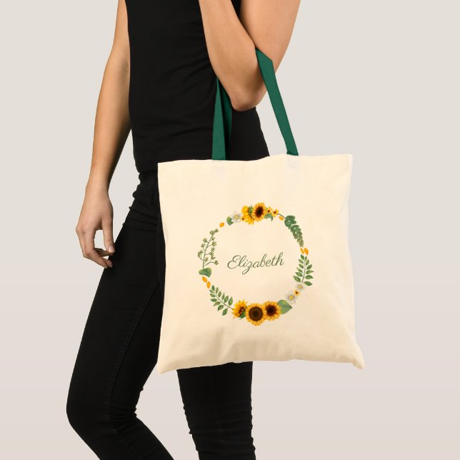 Bolso De Tela Monograma Nombre girasoles Flor verde amarilla (Anverso (producto))
