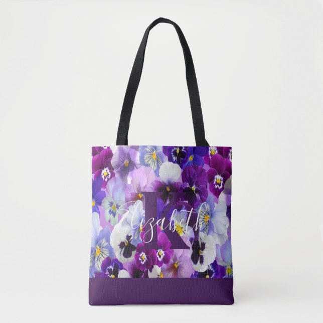 Bolso De Tela Monograma nombre iniciales Pansy morada floral ten (Anverso)