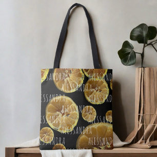 Bolso De Tela Monograma nombre lonchas de limón amarillo negro b