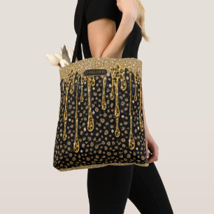 Bolso De Tela Monograma Nombre Negro Oro Brillo Goteante Glam