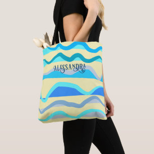 Bolso De Tela Monograma nombre retro náutico ondas amarillas azu