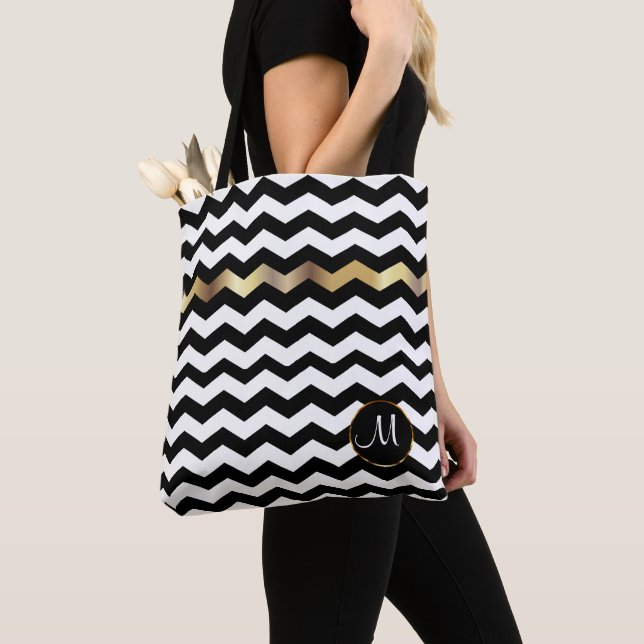 Bolso De Tela Monograma Oro, Blanco y Negro Diseño Chevron (Detalle)