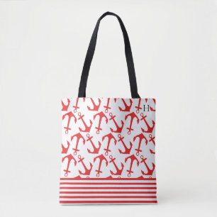 Bolso De Tela Monograma Patrón Ancla Roja Chic Costero