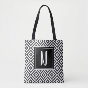 Bolso De Tela Monograma Patrón de diamante blanco y negro