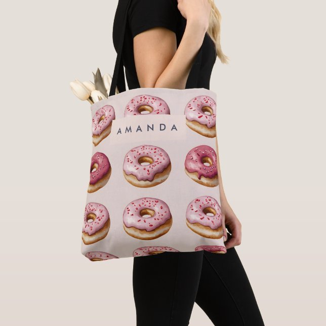 Bolso De Tela Monograma Patrón de donut rosado personalizado (Detalle)