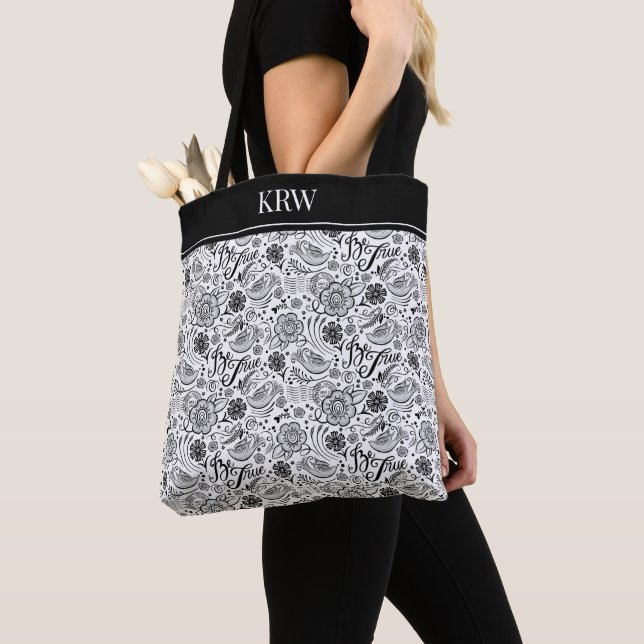 Bolso De Tela Monograma Patrón floral blanco negro (Detalle)