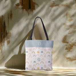 Bolso De Tela Monograma Personalizado con Arcoíris Pastel y Sol 