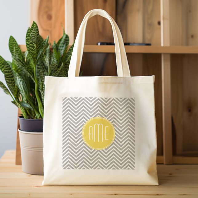 Bolso De Tela Monograma Personalizado de Chevrons Gris y Amarill (Personalized tote bag with photos and custom text)