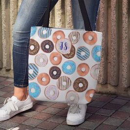 Bolso De Tela Monograma Personalizado de donut azul y chocolate