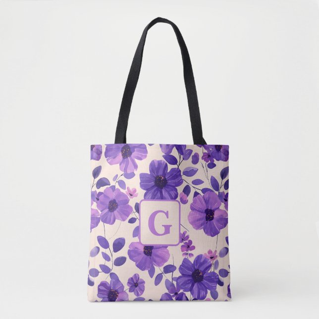 Bolso De Tela Monograma personalizado de flores púrpura pintadas (Anverso)
