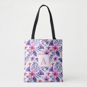 Bolso De Tela Monograma personalizado de flores púrpura pintadas