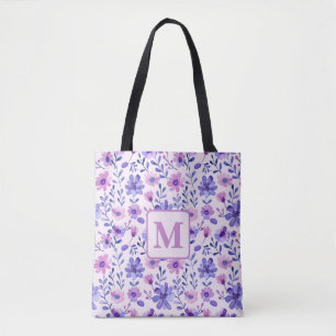 Bolso De Tela Monograma personalizado de flores púrpura pintadas