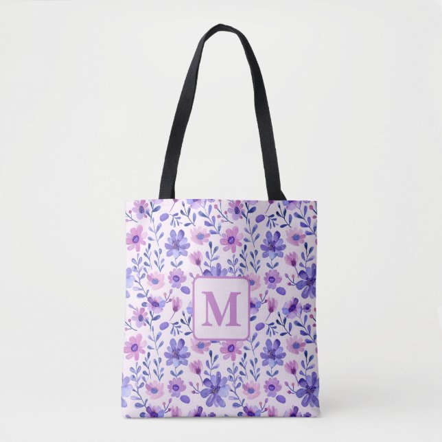 Bolso De Tela Monograma personalizado de flores púrpura pintadas (Anverso)