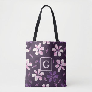 Bolso De Tela Monograma personalizado de flores púrpura pintadas