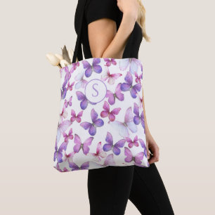 Bolso De Tela Monograma Personalizado de mariposas rosadas y púr