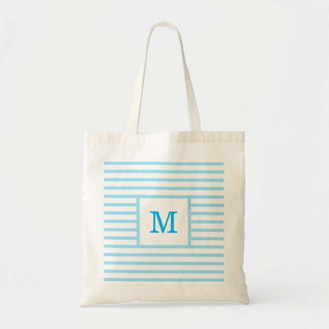 Bolso De Tela Monograma Personalizado de tiras azules y blancas  (Frente)