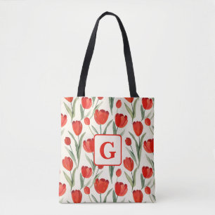 Bolso De Tela Monograma personalizado del patrón de tulipán rojo