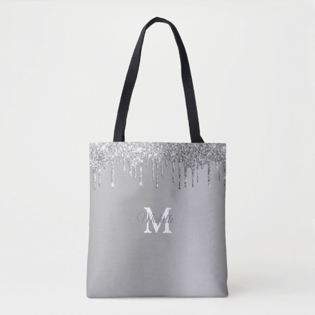 Bolso De Tela Monograma personalizado del Purpurina Glam Silver (Anverso)