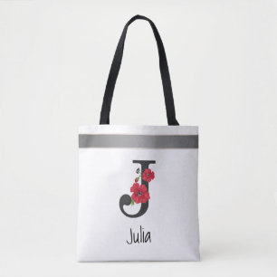 Bolso De Tela Monograma personalizado editable j texto flor roja