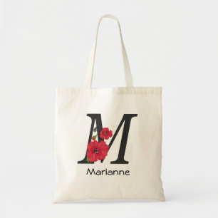 Bolso De Tela Monograma personalizado editable M texto flor roja