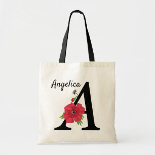 Bolso De Tela Monograma personalizado editable Un texto flor roj
