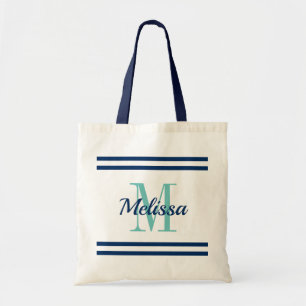 Bolso De Tela Monograma personalizado elegante con franjas azul