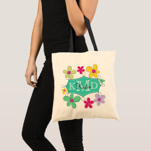 Bolso De Tela Monograma personalizado floral del marco verde del