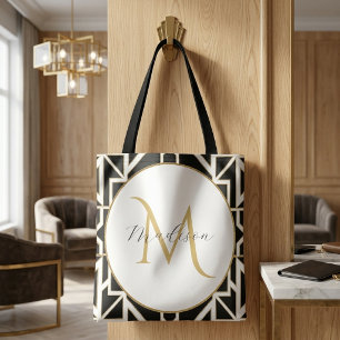 Bolso De Tela Monograma personalizado geométrico negro blanco do