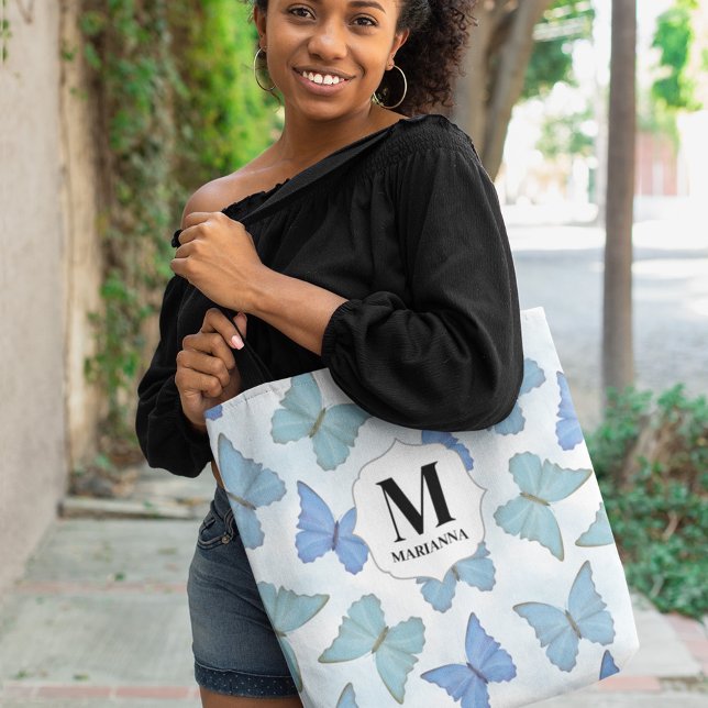Bolso De Tela Monograma Personalizado Mariposas Botánicas Azules (Subido por el creador)